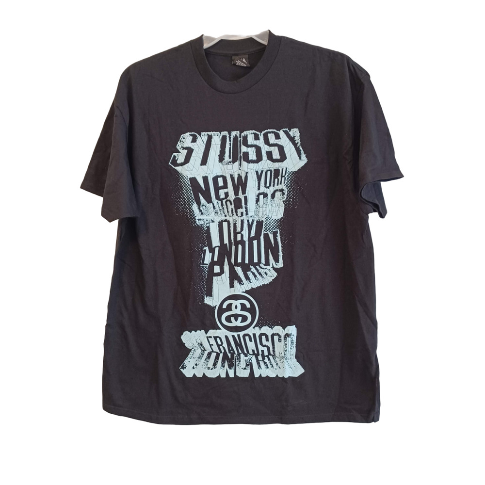 Stussy World Tour Black Graphic Tee Crew Neck Short Sleeve Men's Tshirt XL
